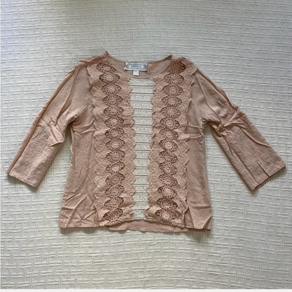 Beyond Vintage tan lace boho hippie prairie top size M